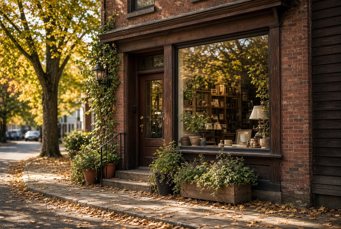 Sunlit brick storefront on a tree-lined New England street
