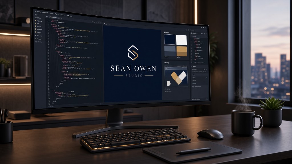Sean Owen Studio workspace with the studio logo on a wide monitor