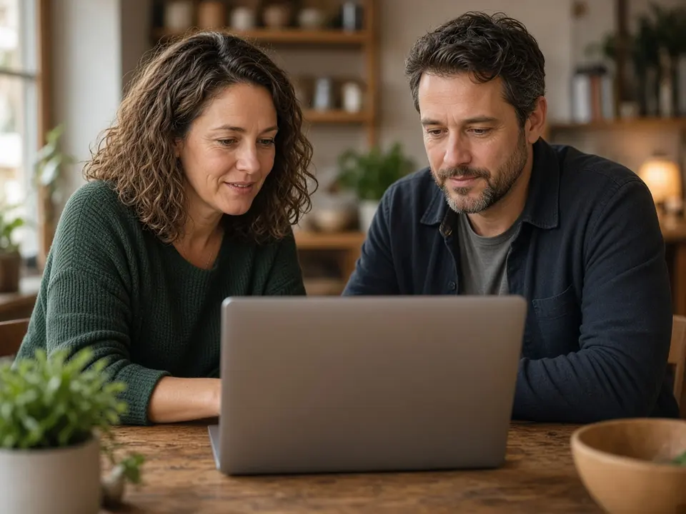Two people looking at a laptop together