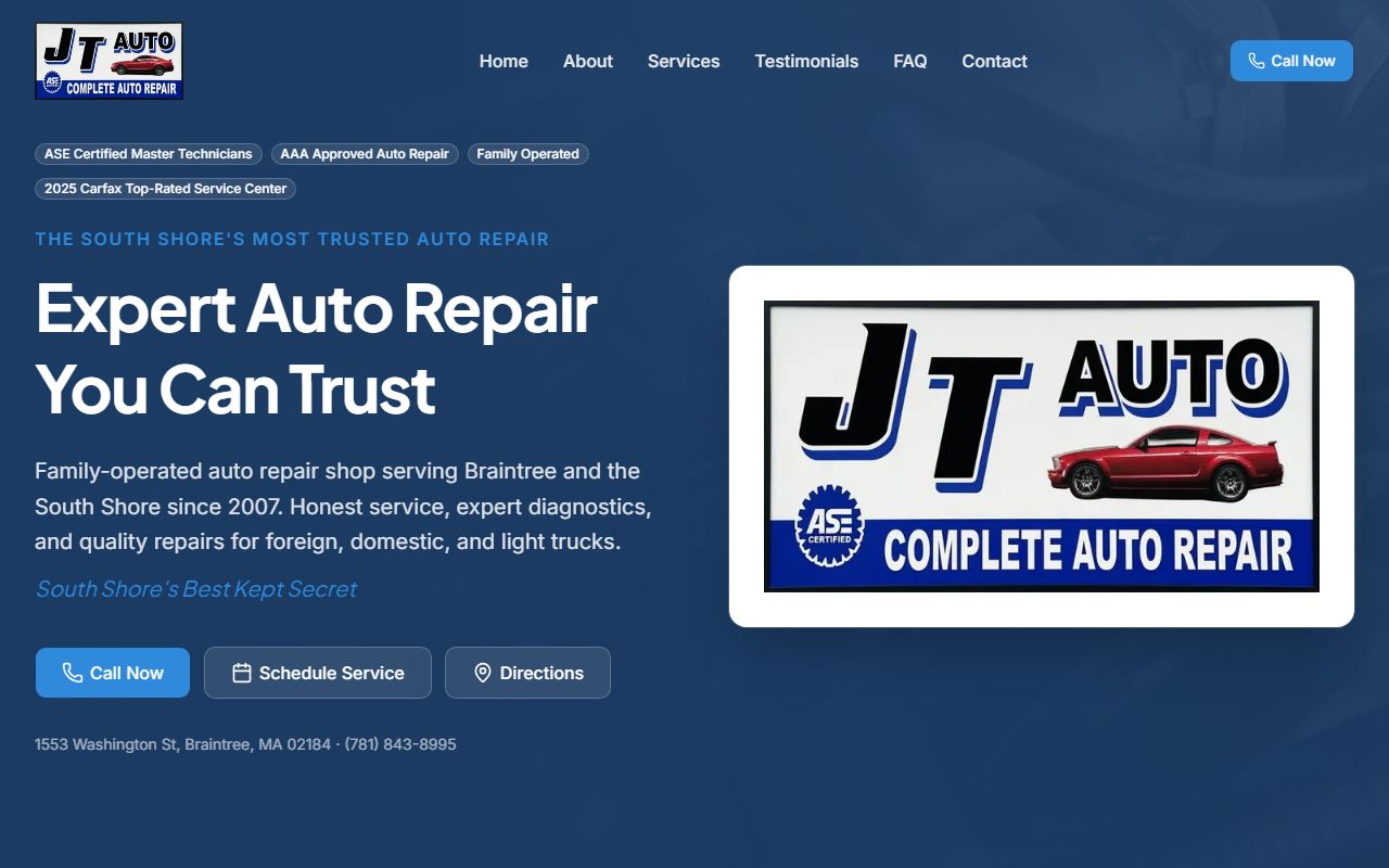 Homepage of JT Auto in Braintree