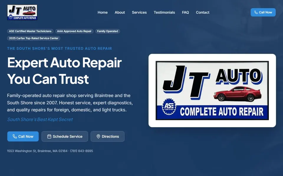 Homepage of JT Auto in Braintree, MA