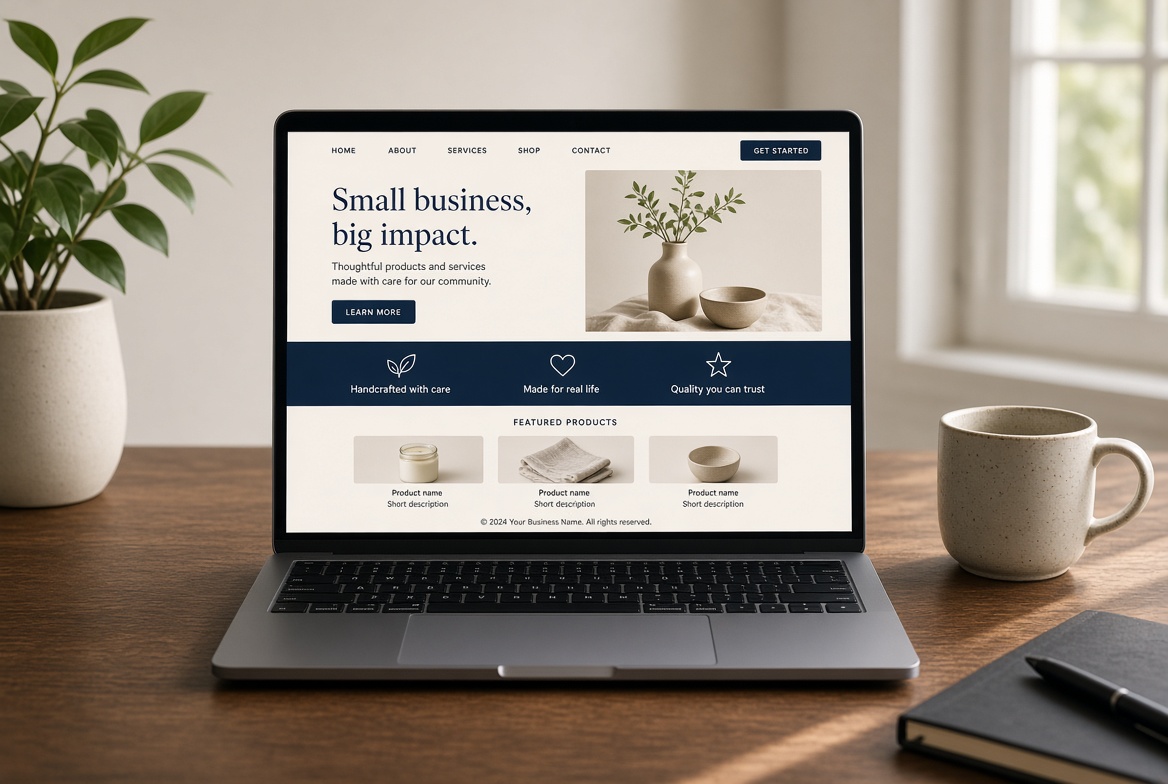 Laptop on a desk showing a clean small-business website